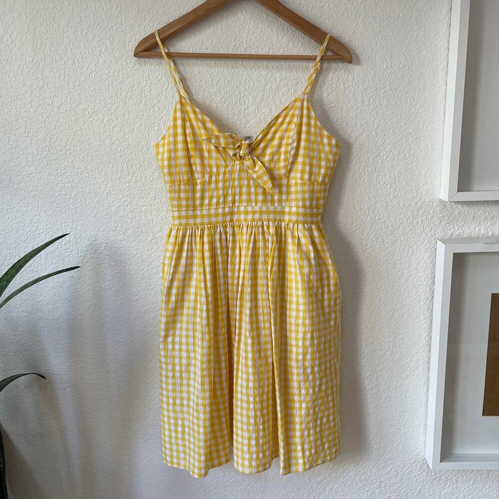 Yellow Gingham Fit & Flare Sun Dress Sz S Endless Rose Pockets Sweetheart Neck